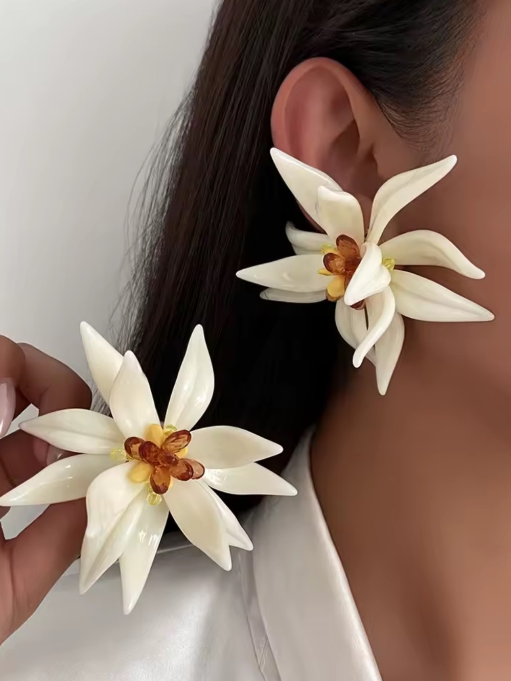 Anthropologie Ivory Floral Statement Earrings with Amber Center